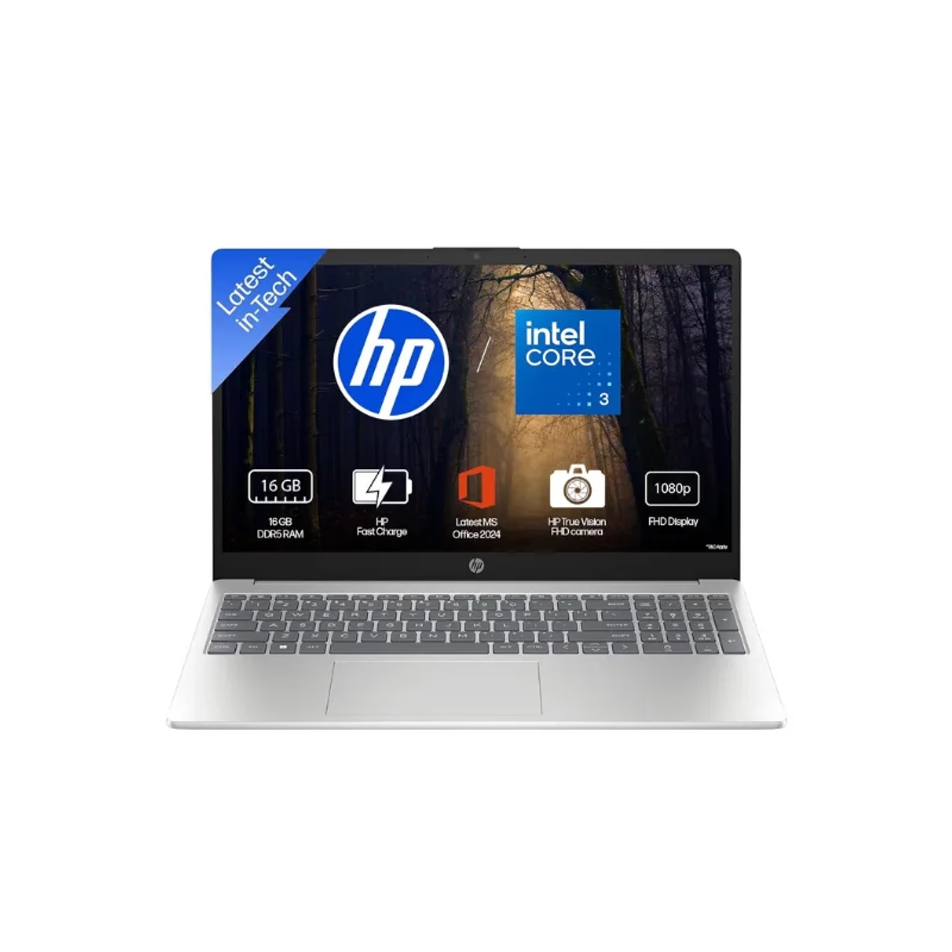 HP 15-fd0885TU Laptop, Intel Core 3-100U, 16 GB RAM, 512 GB SSD, 15.6 Inch FHD Screen, Windows 11 Home, Ms Office 2024 + Microsoft 365, Backlit Keyboard, Silver