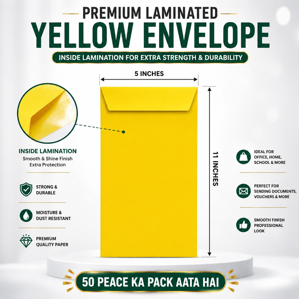 Premium Laminated Yellow Envelope 5 x 11 Inch (50 Pcs Pack)