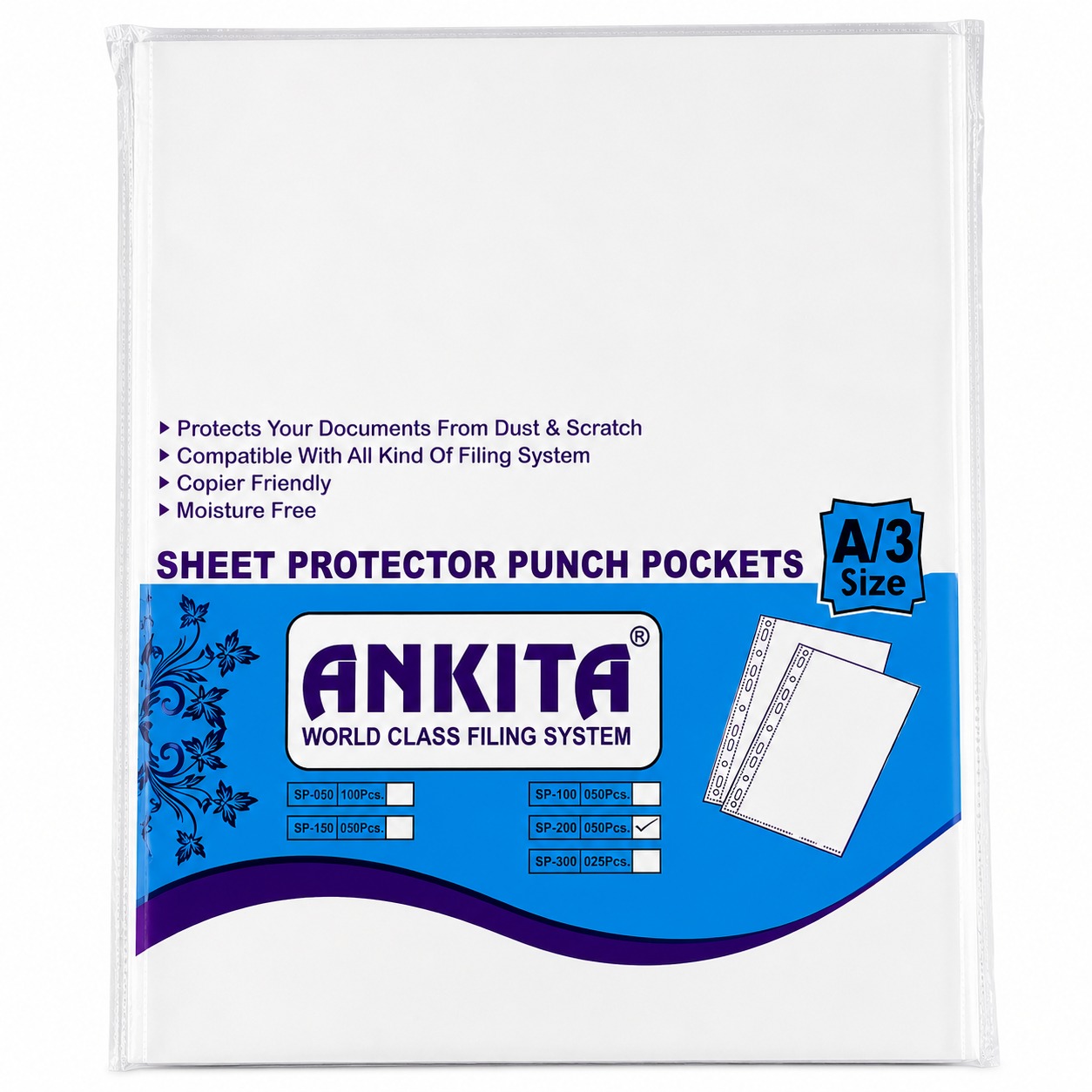 Ankita A3 Clear Sheet Protector Punch Pocket (50 Pcs Pack) - SP-200
