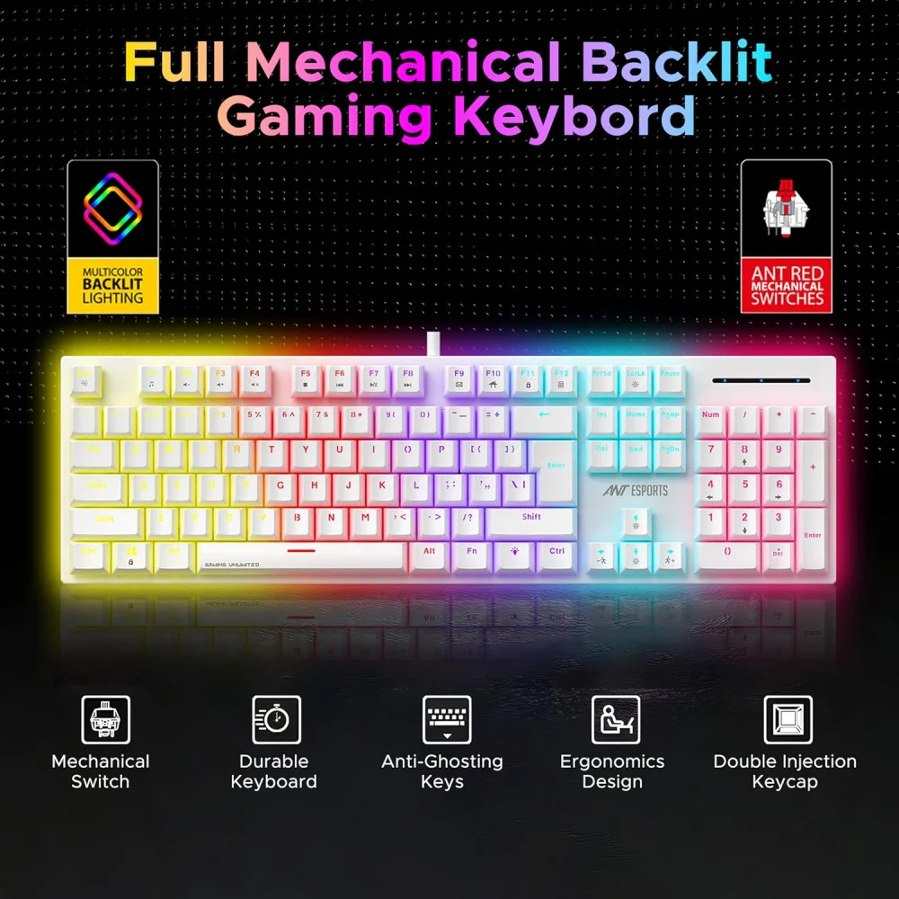 Ant Esports USB Gaming Keyboard Mechanical MK3400 Pro V3 RGB White Red Switch - Image 4