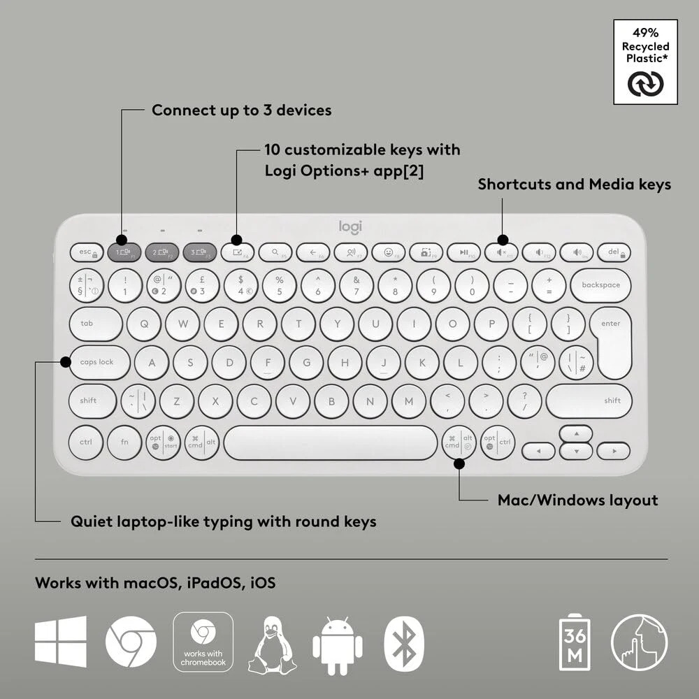 Logitech Bluetooth Keyboard Pebble Keys 2 K380s White - Image 3