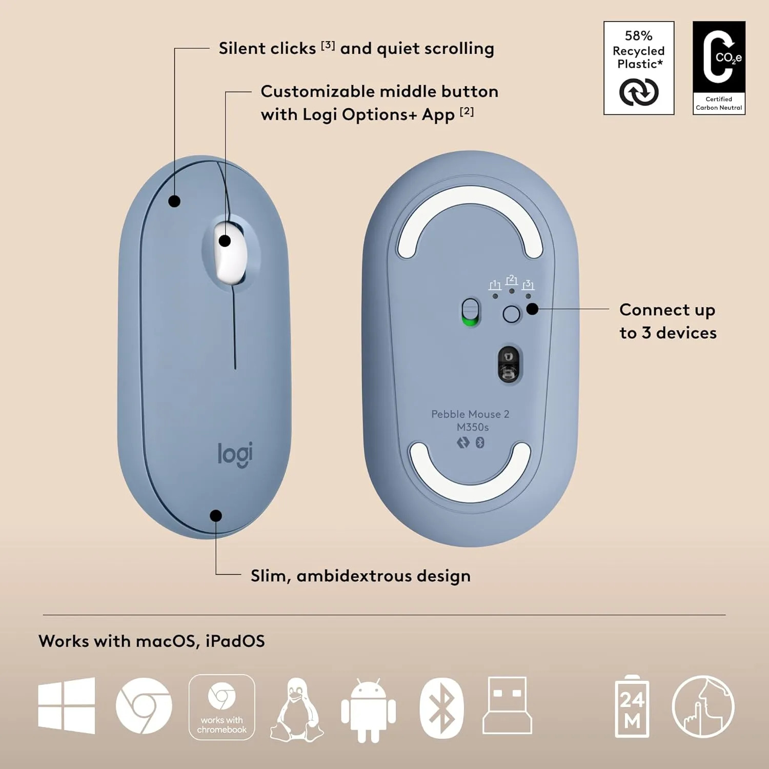 Logitech Bluetooth Keyboard Mouse Combo Pebble 2 Blue - Image 4