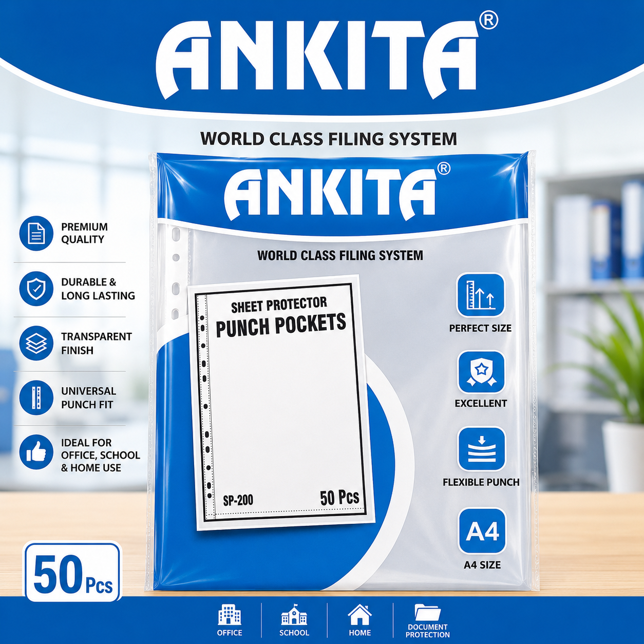 Ankita A4 Clear Sheet Protector Punch Pocket (50 Pcs Pack) - SP-200