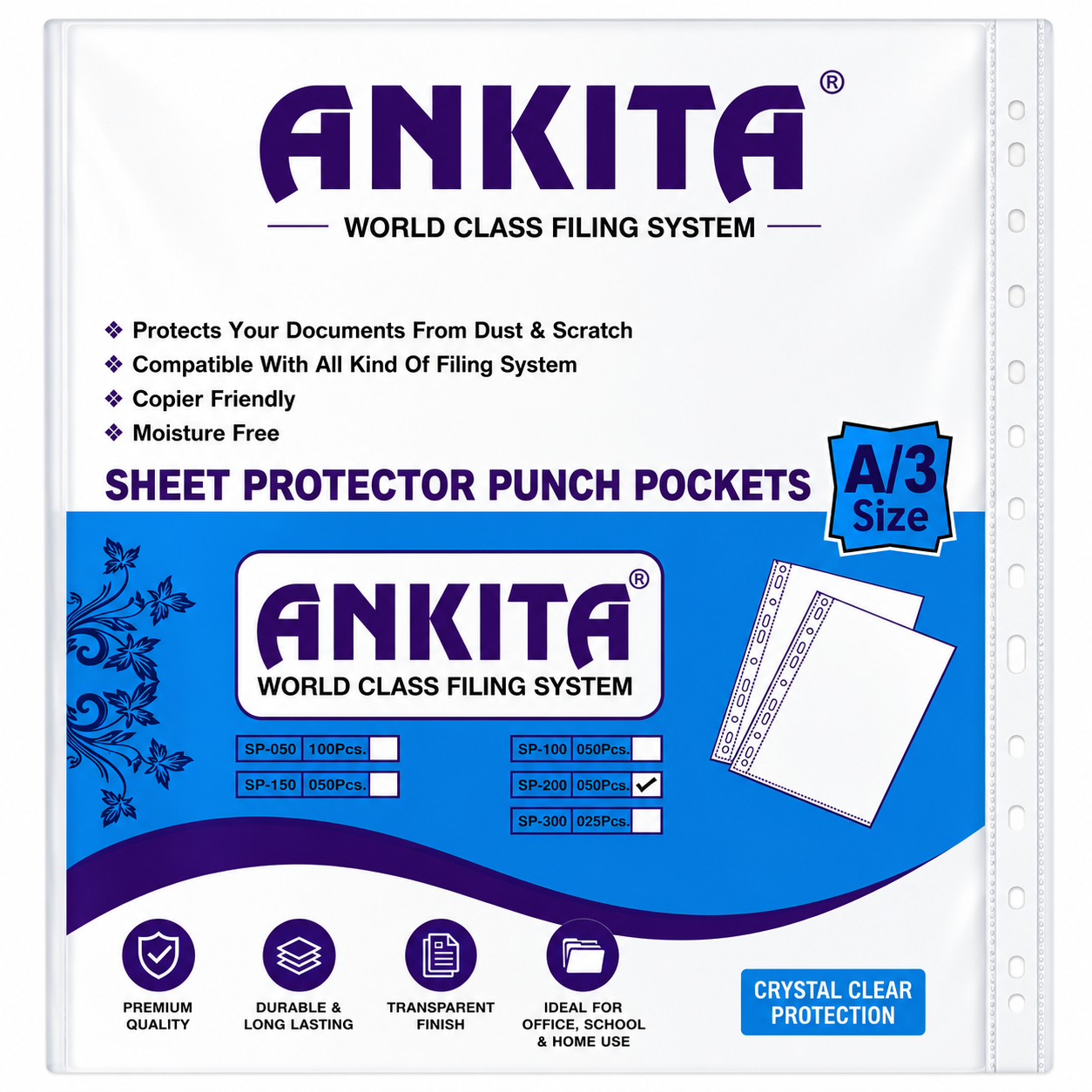 Ankita A3 Clear Sheet Protector Punch Pocket (50 Pcs Pack) - SP-200