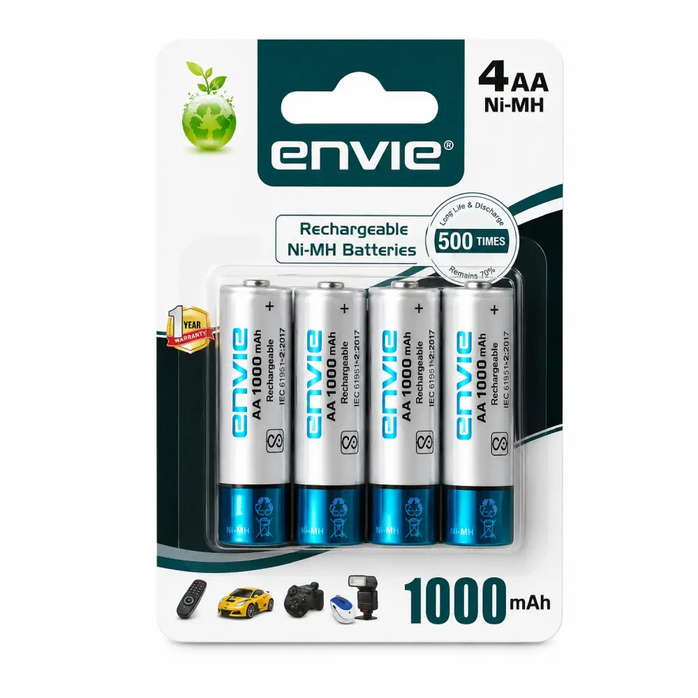 Envie AA Rechargeable Batteries | High Capacity Ni-MH | 1000 mAh | Low Self Discharge | (Pack Of 4)