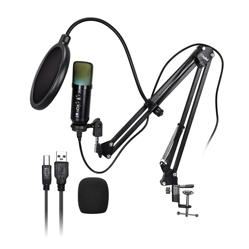 DigiTek USB | RGB Professional Gaming Microphone Kit with BoomArm For Podcast (DM-401)