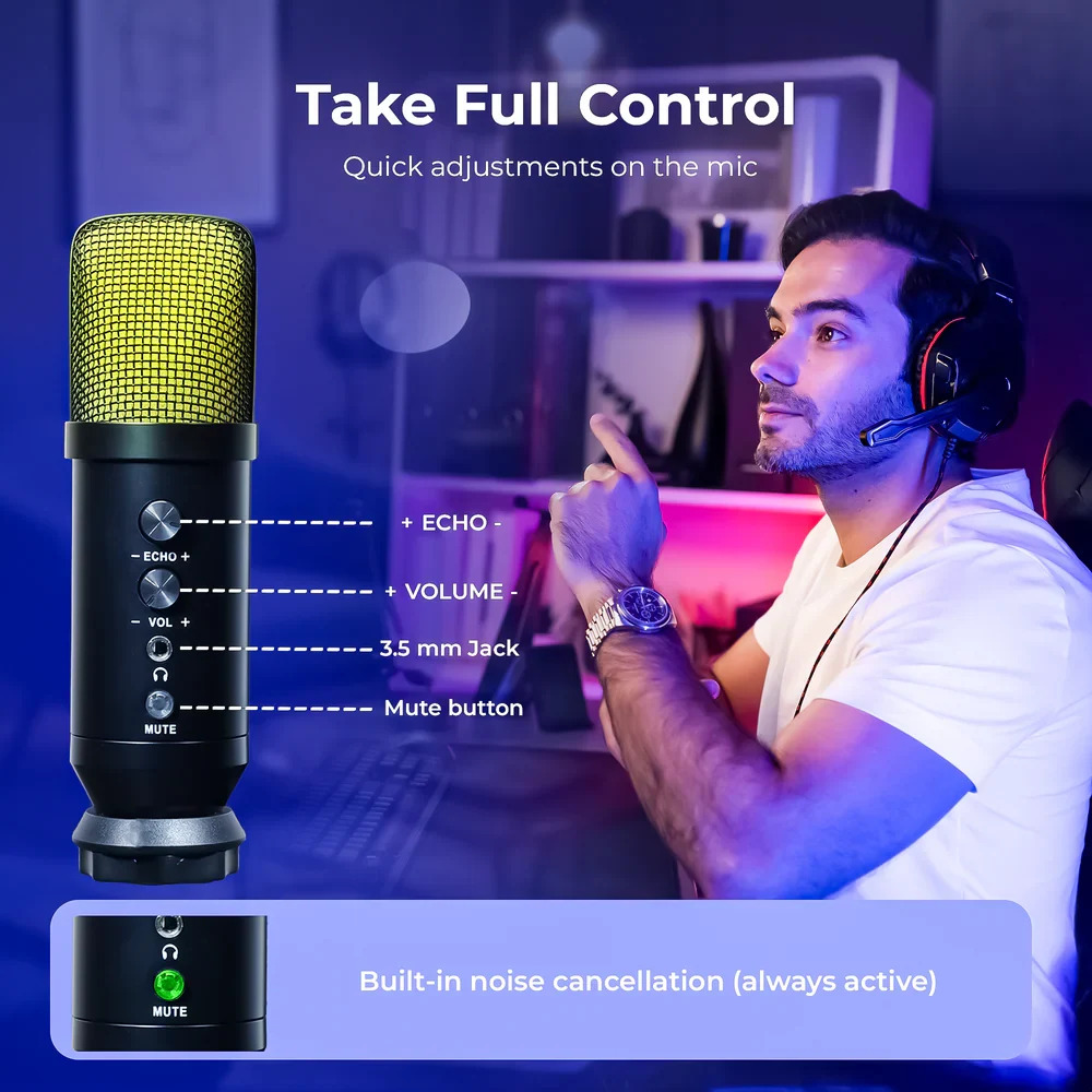 DigiTek USB | RGB Professional Gaming Microphone Kit with BoomArm For Podcast (DM-401) - Image 5