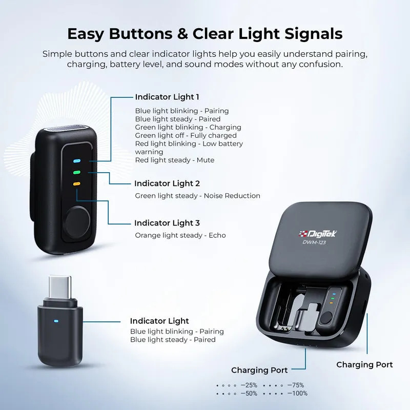 DigiTek Wireless Microphone Type C With 2 Mic (DWM 123) Black - Image 3