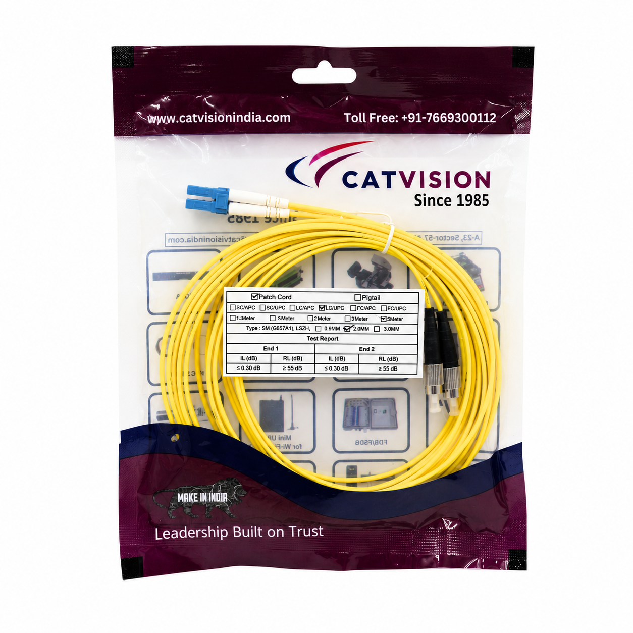 CATVISION Fibre Patch cord LC-UPC to FC-UPC Single Mode Duplex 2.0mm, 5m