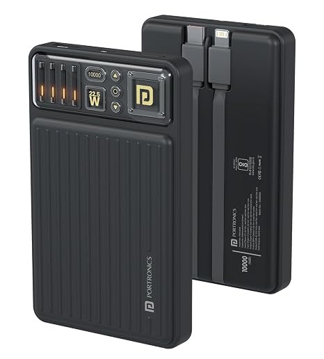 Portronics Luxcell Bind Mini 10k 10000mAh Nano Powerbank with 22.5W Fast Charging, in-Built Type C PD(Input & Output) /8 Pin Cable, LED Indicator, USB-A Mach Output, Compatible with Smartphones (POR 2260)