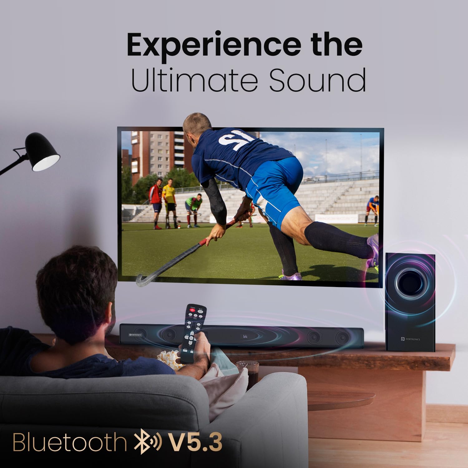 Portronics Pure Sound 107 | 200W Soundbar with Subwoofer for Deep Bass, 2.1 Channel Home Theatre, 3D Surround Sound, HD Sound, 3 EQ Modes, Bluetooth 5.3V, HDMI, AUX in, USB, Optical Port (Black) - Image 6