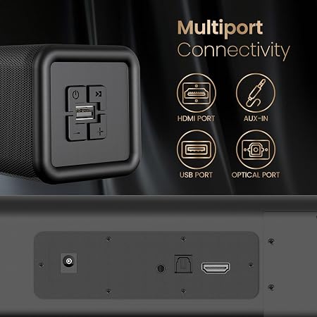 Portronics Pure Sound 107 | 200W Soundbar with Subwoofer for Deep Bass, 2.1 Channel Home Theatre, 3D Surround Sound, HD Sound, 3 EQ Modes, Bluetooth 5.3V, HDMI, AUX in, USB, Optical Port (Black) - Image 7