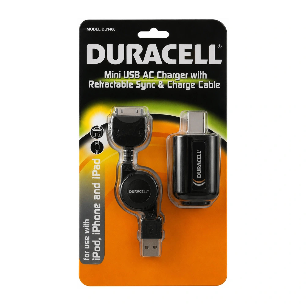 Duracell Mini USB Charger With Retractable Charge & Sync Cable For Older Apple Devices (DU1466)