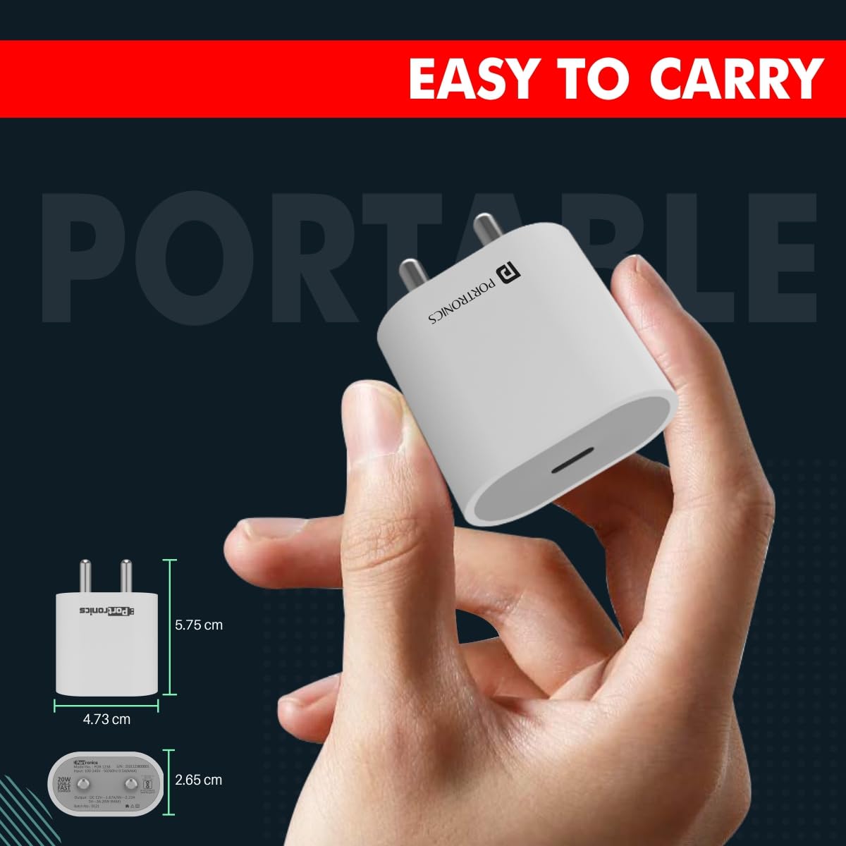 Portronics Adapto 20W Type-C Fast Charger (POR 1238) – White - Image 3