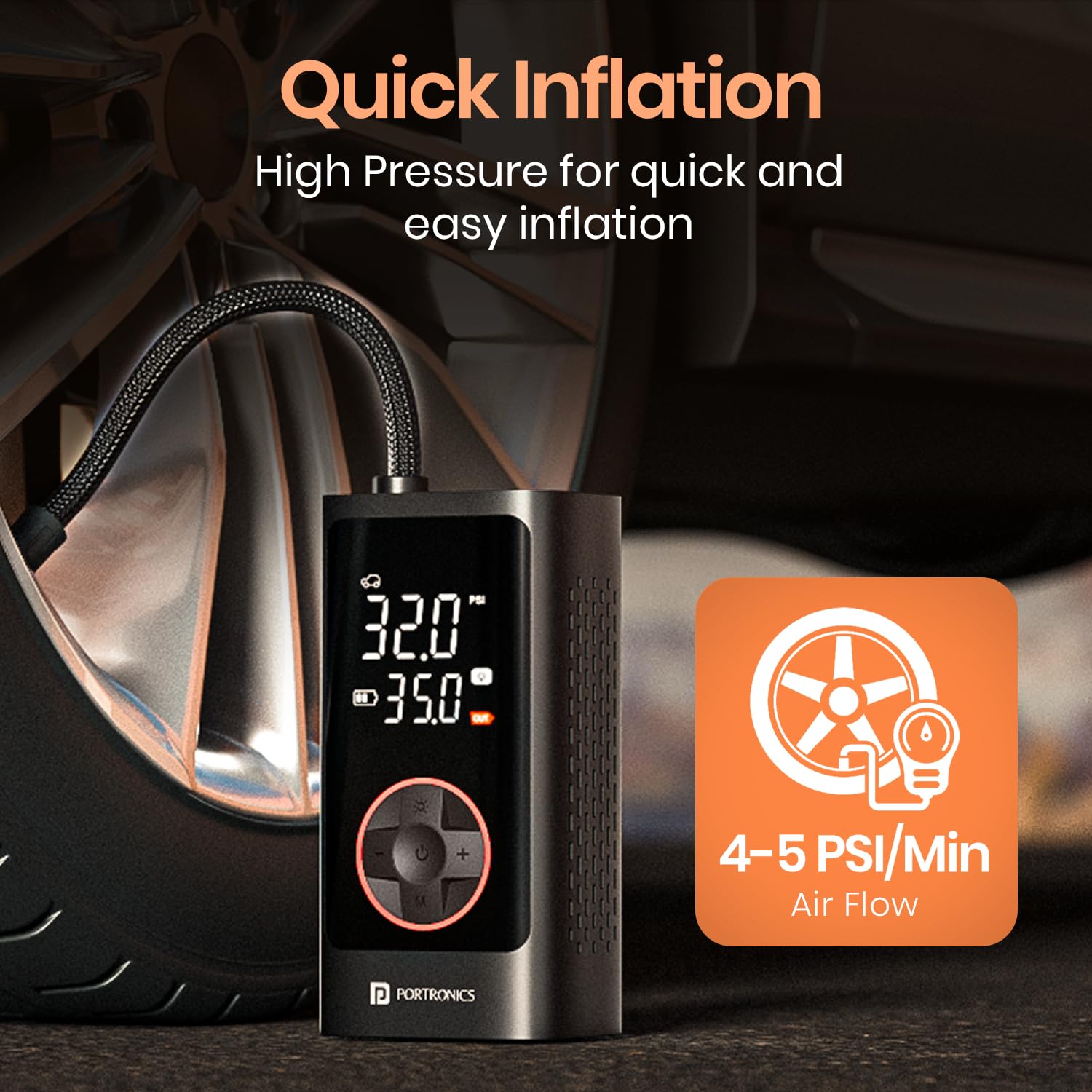 Portronics Vayu 7.0 Digital Tyre Inflator 150 PSI, 4000mAh Battery, Preset Modes & SOS Flashlight for Cars, Bikes, Bicycles & Balls (Black) (POR 3026) - Image 2