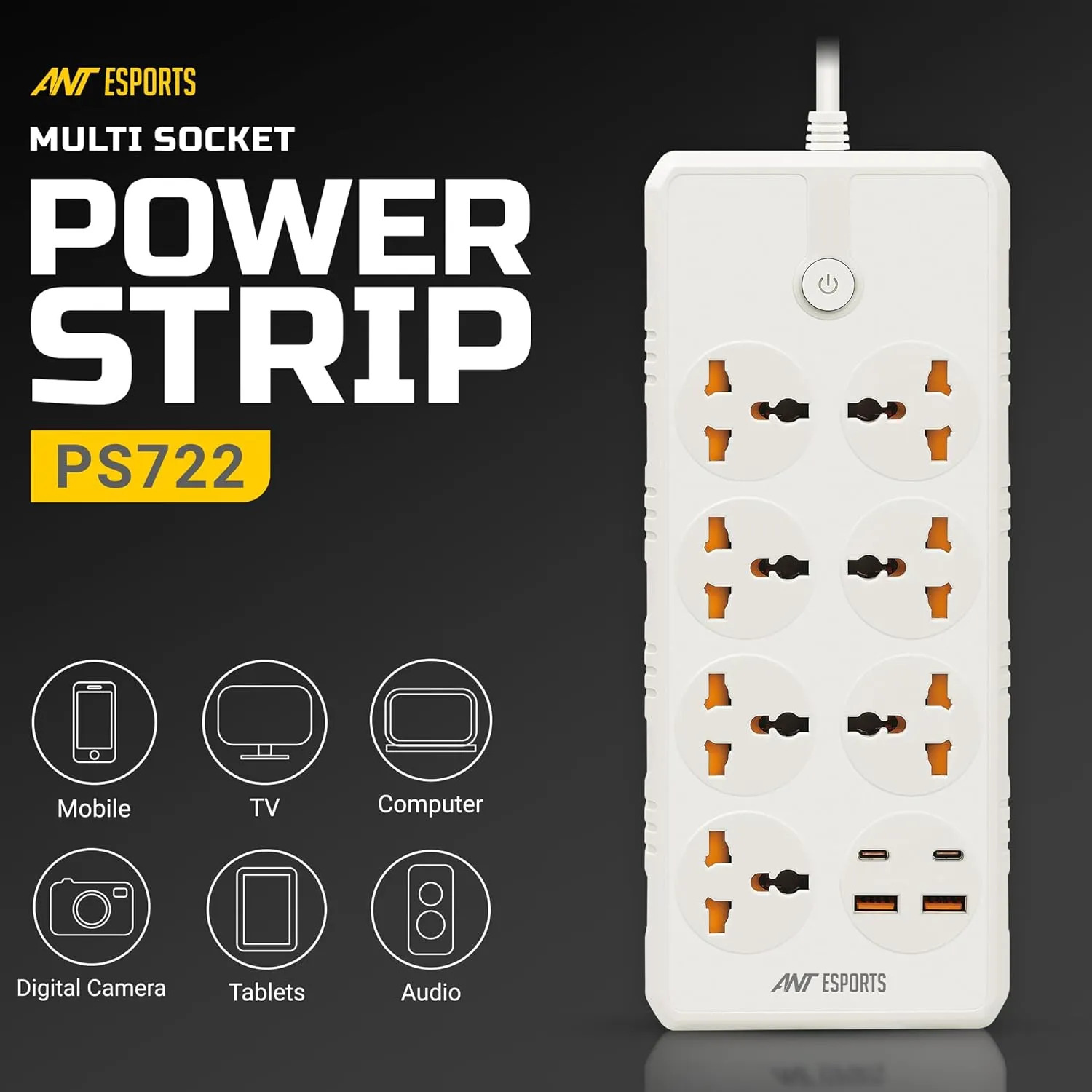 Ant Esports Spike 7 Socket 1 Switch 2×USB 2×TYPE-C 3m (PS722) - Image 3