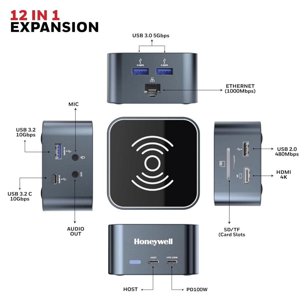Honeywell Type C Docking Station 12 in 1 (USB | Type C | HDMI | Lan | Aux | Sd Card) (Open Box) - Image 3