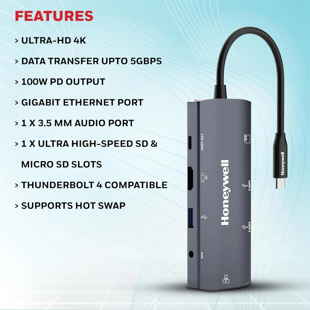 Honeywell Type C Docking Station 9 in 1 (USB | Type C | Hdmi | Lan | Aux | SD Card) (Open Box) - Image 3