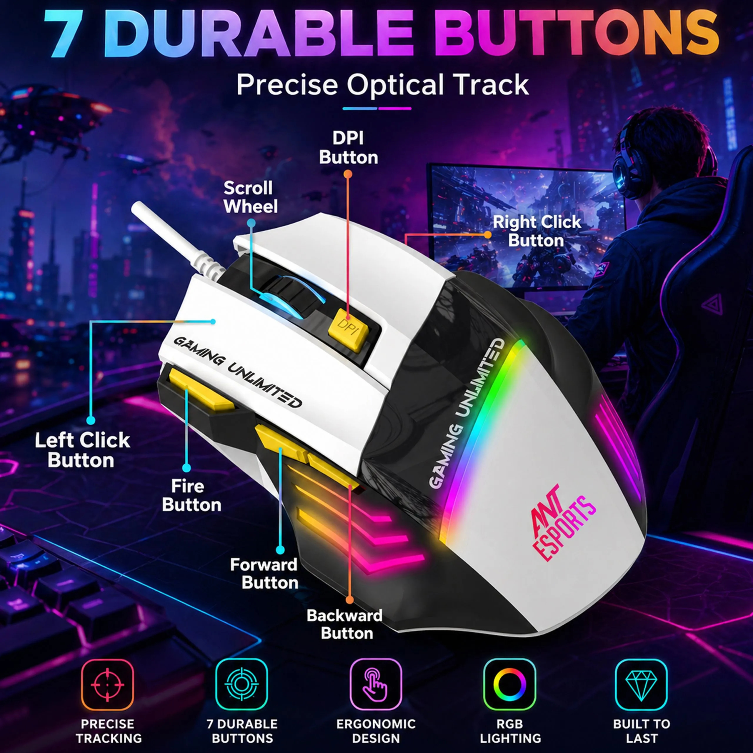 Ant Esports Wired Gaming Mouse RGB Strike10 White - Image 2