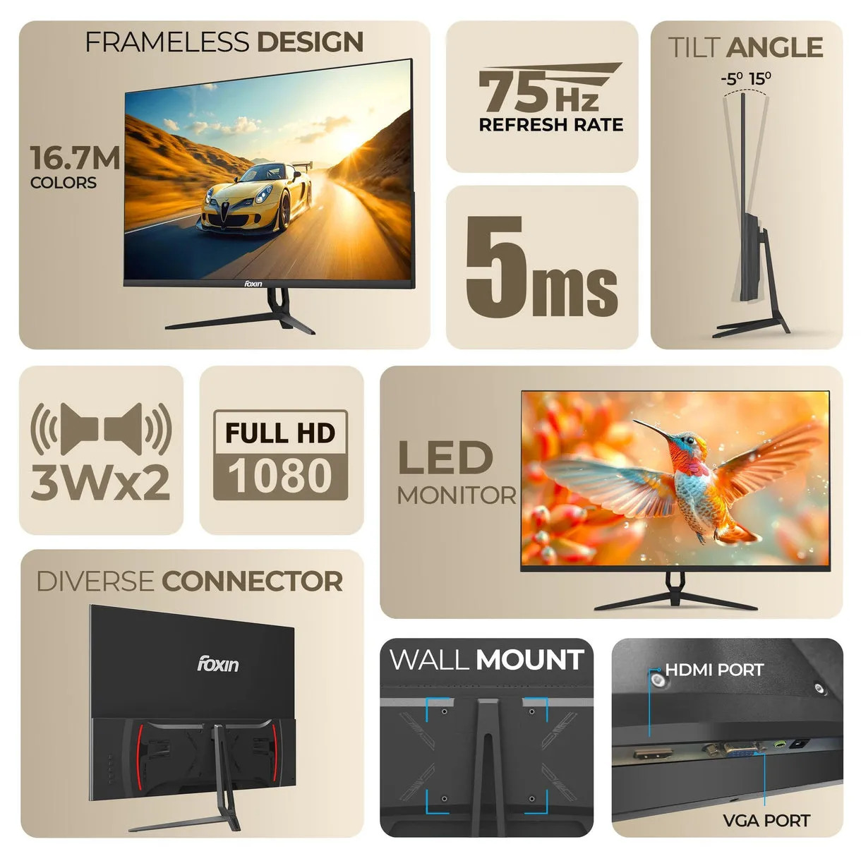 Foxin LED Monitor 32" IPS FHD 75Hz with HDMI | VGA | Speaker (Elite 32) - Image 5