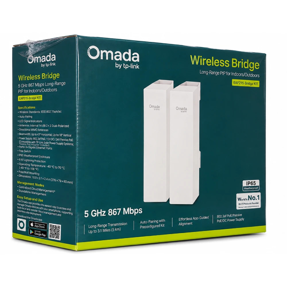 TP-Link Omada 5GHz 867Mbps 5km Range Outdoor Access P2P Preconfigured, Plug&Play (EAP215-Bridge KIT)