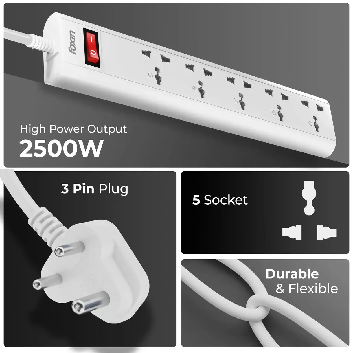 Foxin Spike 5 Socket 1 Switch 2m - Image 3