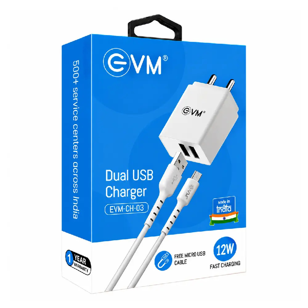EVM Mobile Charger With Cable (USB to Micro) Dual USB 12W