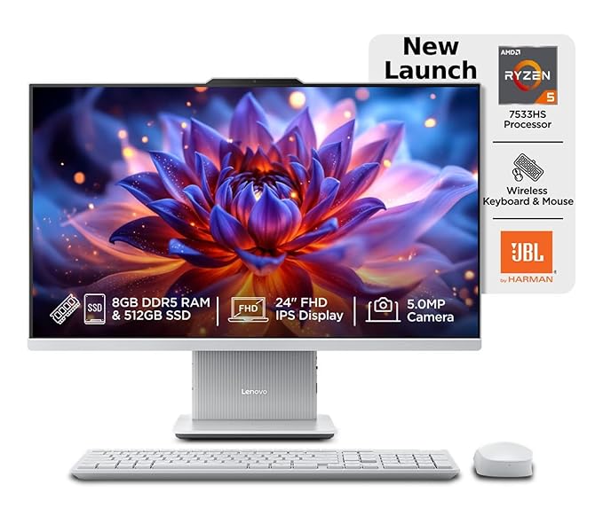 Lenovo AIO 24-F0HR00CFIN AMD Ryzen™ 5 7533HS/8GB/512GB/ 23.8" FHD/Wireless KBD+Mouse/W11+MSO+ 1 YR Microsoft 365 Basic/Cloud Grey